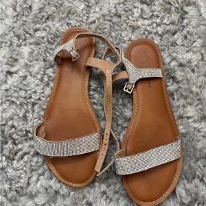 Embellished Tan Leather T-Strap Sandals with Crystal Straps